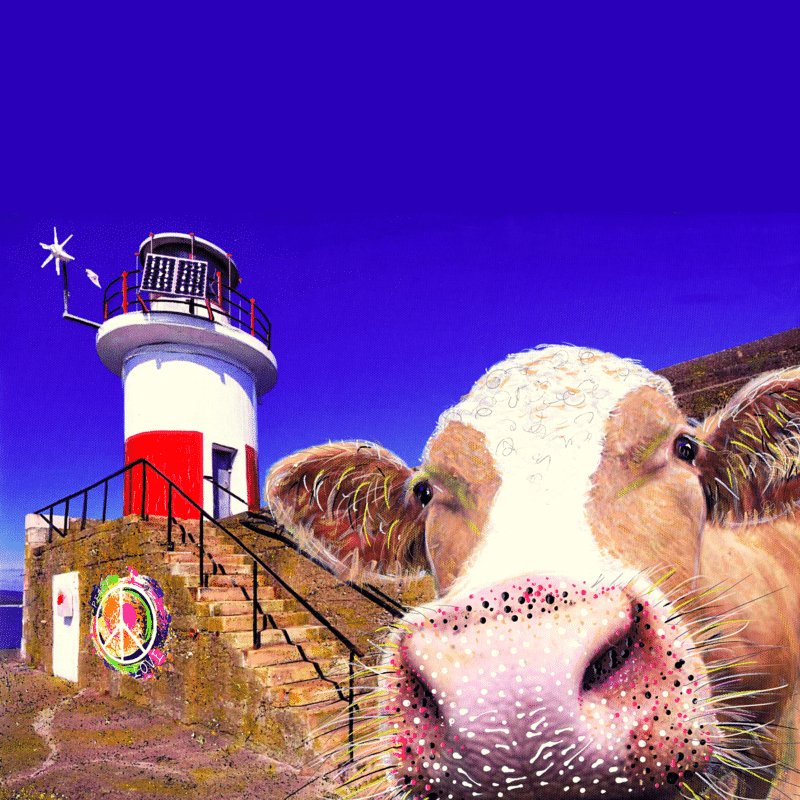 Greeting Card: Kelly Hood - Udderly Cool Blue Selfie at East pier Lighthouse, Co. Wicklow (Square) - Tales for Tadpoles