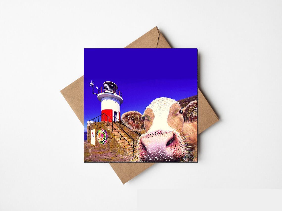 Greeting Card: Kelly Hood - Udderly Cool Blue Selfie at East pier Lighthouse, Co. Wicklow (Square) - Tales for Tadpoles