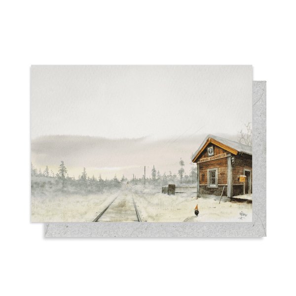 Greeting Card: Rien Poortvliet - Gnome at Train station - Tales for Tadpoles