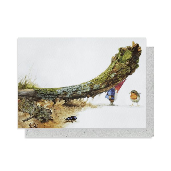 Greeting Card: Rien Poortvliet - Gnome Lifting Branch (Landscape) - Tales for Tadpoles