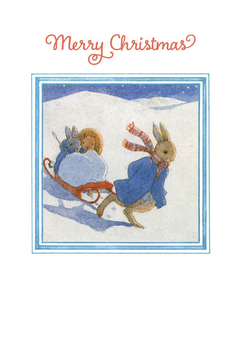 Christmas Card: Little Grey Rabbit - Hare Pulling Sledge - Tales for Tadpoles