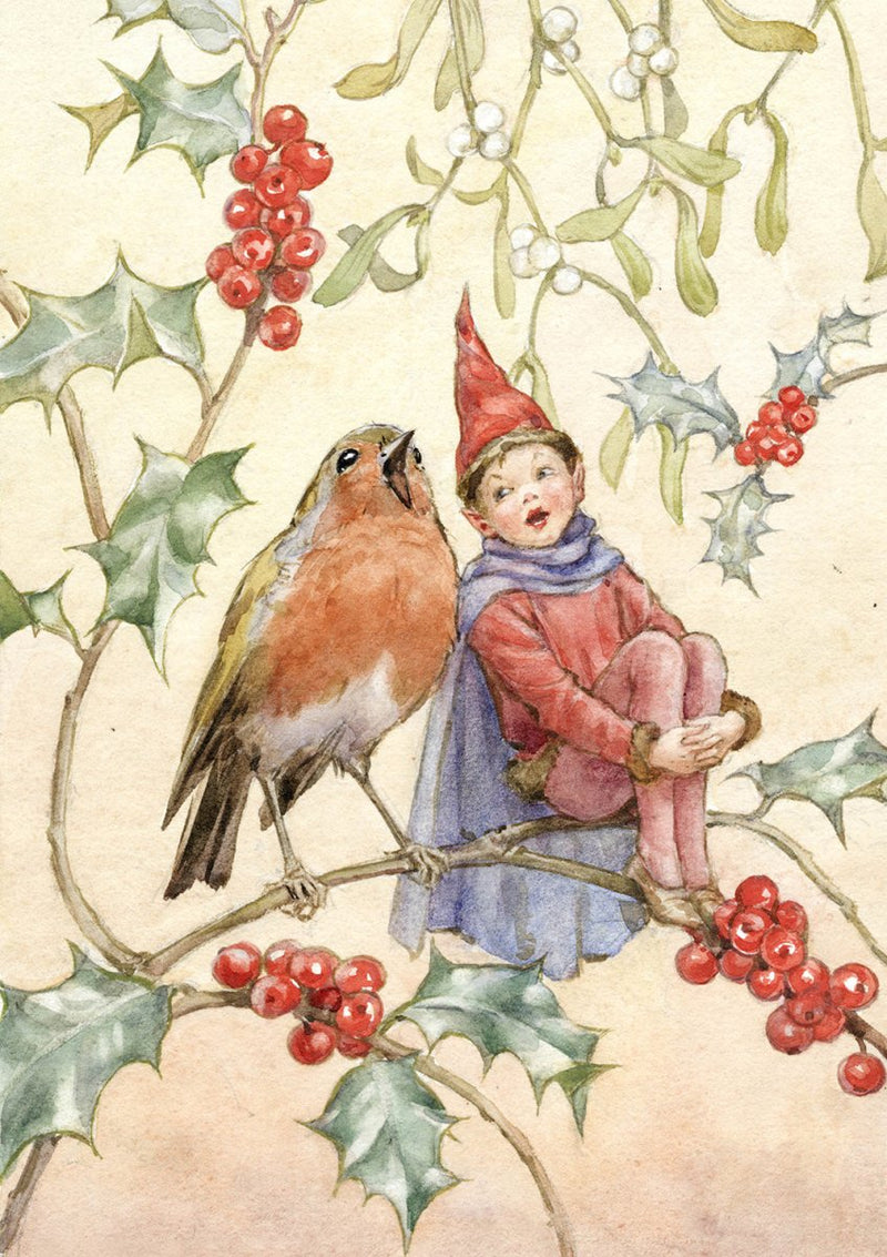 Christmas Card: Margaret Tarrant - Fairy and Robin Singing - Tales for Tadpoles