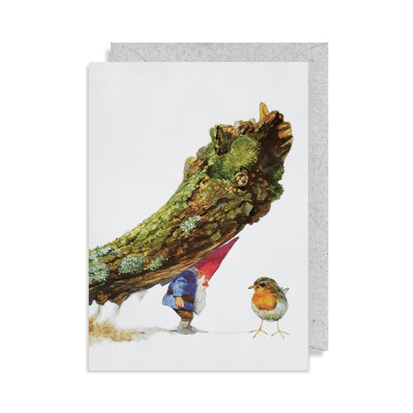 Greeting Card: Rien Poortvliet - Gnome Lifting Branch (Portrait) - Tales for Tadpoles