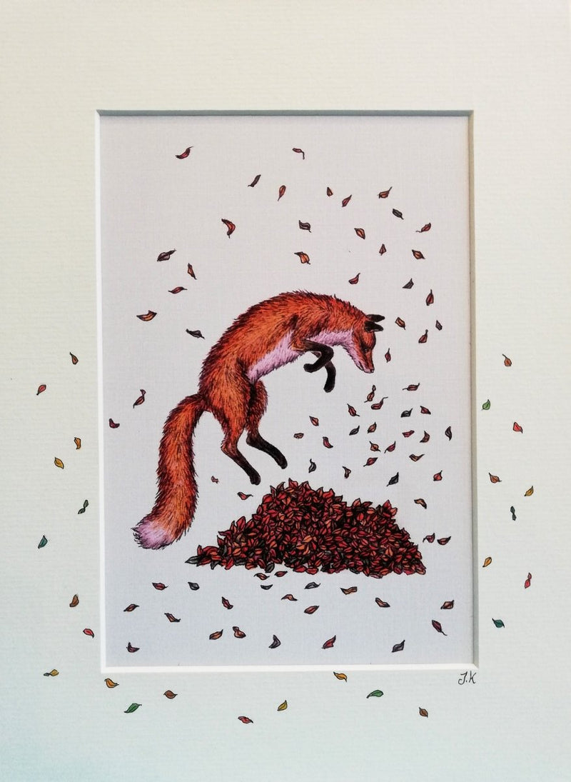 Print: Jenni Kilgallon - Fox Leaping in Leaves - Tales for Tadpoles