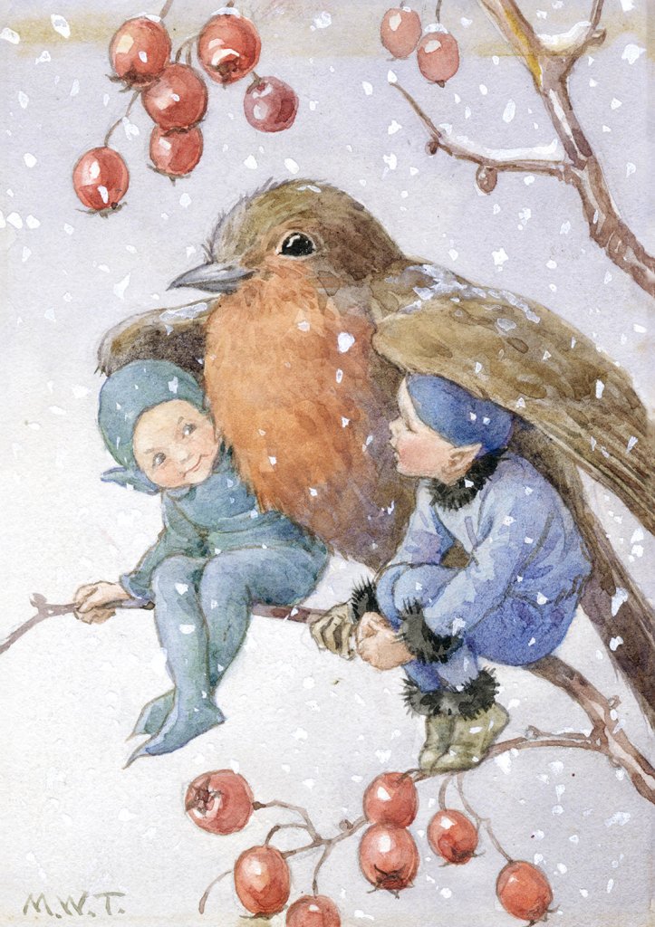 Christmas Card: Margaret Tarrant - Fairies under Robin - Tales for Tadpoles