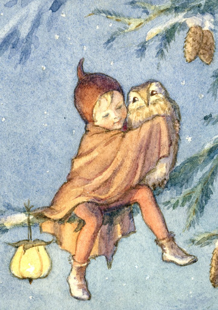 Christmas Card: Margaret Tarrant - Fairy with Owl - Tales for Tadpoles