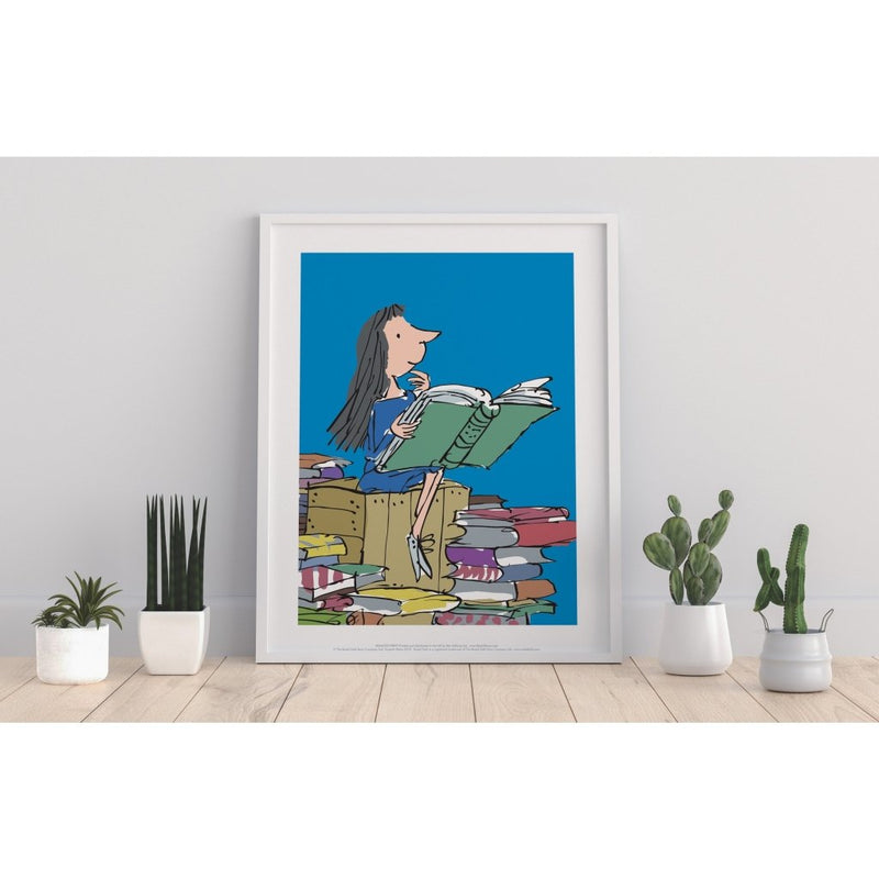 Print: Roald Dahl - Matilda, Reading on Books (blue background) - Tales for Tadpoles